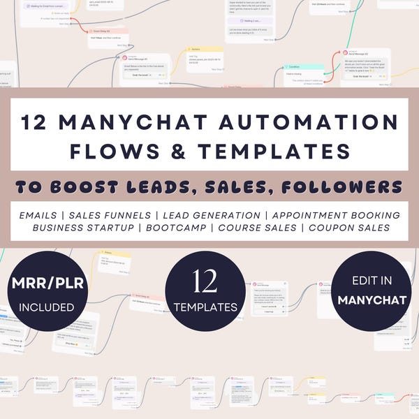 12 ManyChat Automation Flows, ManyChat Templates PLR, Email Marketing Automation Template, Many Chatbot Flow DM Sales Funnel Lead Generation
