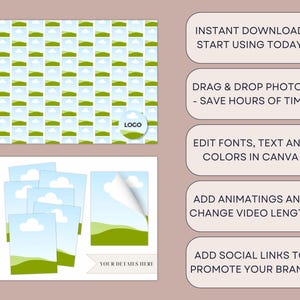 K&ouml;nnte beinhalten: Eine digitale Designvorlage mit einem sich wiederholenden Muster aus gr&uuml;nen H&uuml;geln und blauem Himmel. Das Design enth&auml;lt ein Logo, Bildplatzhalter und Text mit der Aufschrift "SOFORT-DOWNLOAD, HEUTE STARTEN!" und "IHRE DETAILS HIER."