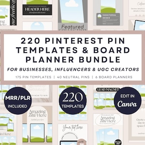 220 Pinterest Pins Canva Templates, Pinterest Board Planer Bundle, Neutrales Pin Design für Blogger, Coaches, Social Media Brands Marketing