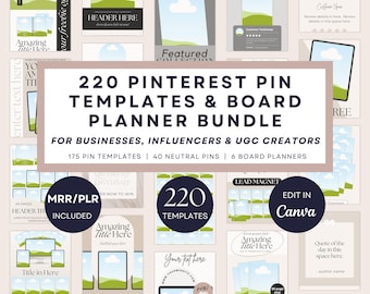 220 Pinterest Pins Canva Templates, Pinterest Board Planer Bundle, Neutrales Pin Design für Blogger, Coaches, Social Media Brands Marketing