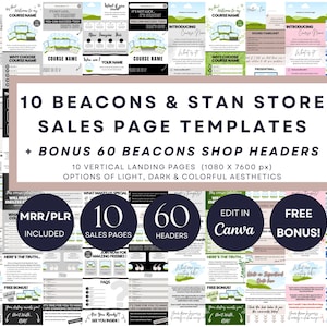 Puede incluir: Una colección de plantillas de marketing digital para páginas de venta y encabezados de tiendas. La imagen muestra varios diseños con texto como "10 Beacons & Stan Store Sales Page Templates" y "Bonus 60 Beacons Shop Headers". Los diseños incluyen opciones de estética clara, oscura y colorida.