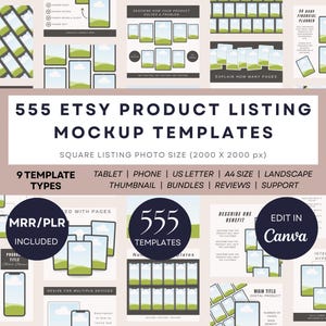 May include: An Etsy product listing mockup template set with 555 templates. The image shows various mockups for tablets, phones, and other digital devices. The templates are designed for square listing photos (2000 x 2000 px) and include 9 template types.