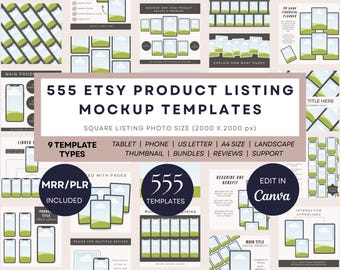 555 Etsy Product Listing Mockup Template, Digital Product Photo Mockups for Printables, Canva Square Templates Bundle, Phone & Tablet, PLR