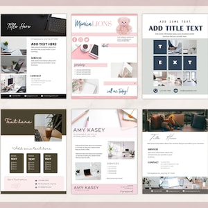 May include: A collection of six business flyer templates with various layouts and designs. The flyers feature text placeholders, images, and color schemes including pink, black, and white. Some flyers include the text "Title Here", "Add Text Here", and "Services".