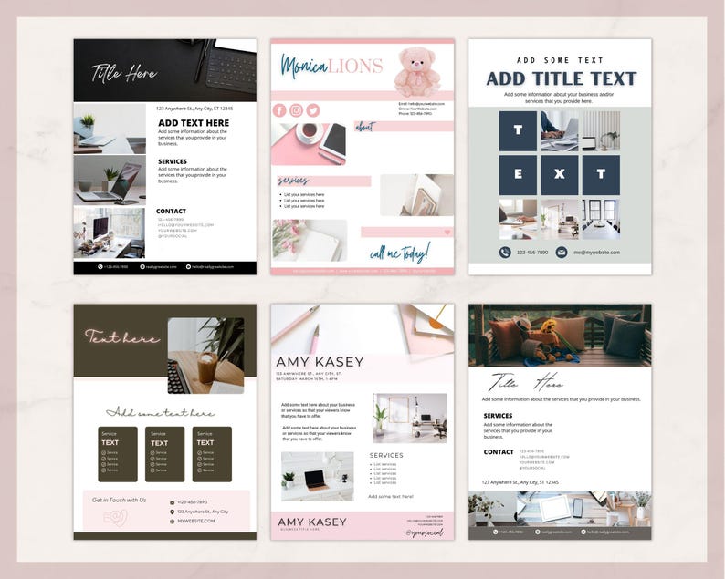 May include: A collection of six business flyer templates with various layouts and designs. The flyers feature text placeholders, images, and color schemes including pink, black, and white. Some flyers include the text "Title Here", "Add Text Here", and "Services".