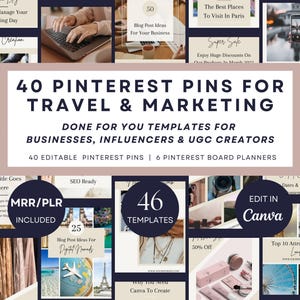40 plantillas de pines de Pinterest / Planificador de tableros de Pinterest de Canva / Pines de marketing de viajes listos para usar / Diseño neutro, beige y bohemio PLR Pintereste