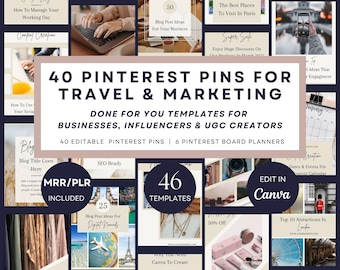 40 Pinterest Pin Templates | Canva Pinterest Board Planner | Done For You Travel Marketing Pins | Neutral, Beige, Boho Design PLR Pintereste