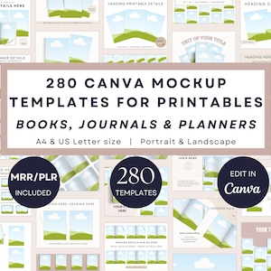 280 plantillas de maquetas de Canva para imprimibles, libros, diarios y agendas / Paquete de imágenes editables para anuncios de Etsy, maquetas de libros, A4, tamaño carta (PLR)