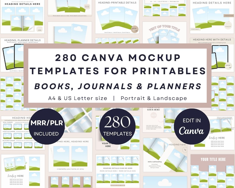 280 Canva-mockupmallar för utskrivbara material, böcker, tidskrifter och planerare | Redigerbart Etsy-listningsbildpaket, bokmockups, A4, US Letter, PLR bild 1