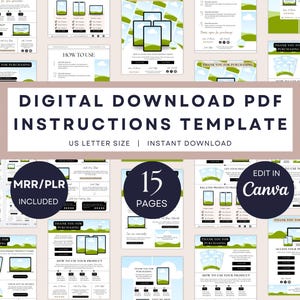 Puede incluir: Una plantilla de instrucciones en PDF de descarga digital con un fondo beige claro. Se muestra el texto "DIGITAL DOWNLOAD PDF INSTRUCTIONS TEMPLATE". La plantilla incluye 15 páginas y es editable en Canva. La plantilla es de tamaño US Letter.