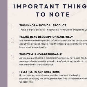Puede incluir: Una hoja de informaci&oacute;n digital con el t&iacute;tulo "IMPORTANT THINGS TO NOTE" en texto azul oscuro. Detalla la naturaleza del producto como un art&iacute;culo digital, no f&iacute;sico, y su condici&oacute;n de no reembolsable. La hoja tambi&eacute;n aconseja leer la descripci&oacute;n.