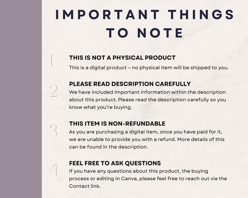 Puede incluir: Una hoja de informaci&oacute;n digital con el t&iacute;tulo "IMPORTANT THINGS TO NOTE" en texto azul oscuro. Detalla la naturaleza del producto como un art&iacute;culo digital, no f&iacute;sico, y su condici&oacute;n de no reembolsable. La hoja tambi&eacute;n aconseja leer la descripci&oacute;n.