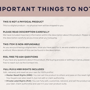 Puede incluir: Una hoja de informaci&oacute;n digital titulada "IMPORTANT THINGS TO NOTE" en una fuente de color p&uacute;rpura oscuro. La hoja detalla el producto, incluyendo que no es un producto f&iacute;sico, no es reembolsable e incluye todos los derechos PLR y MRR.