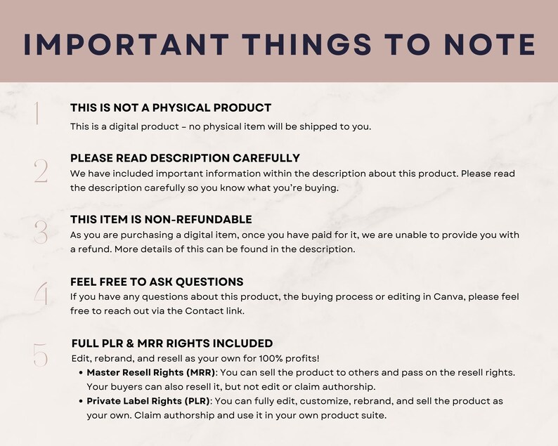Puede incluir: Una hoja de informaci&oacute;n digital titulada "IMPORTANT THINGS TO NOTE" en una fuente de color p&uacute;rpura oscuro. La hoja detalla el producto, incluyendo que no es un producto f&iacute;sico, no es reembolsable e incluye todos los derechos PLR y MRR.