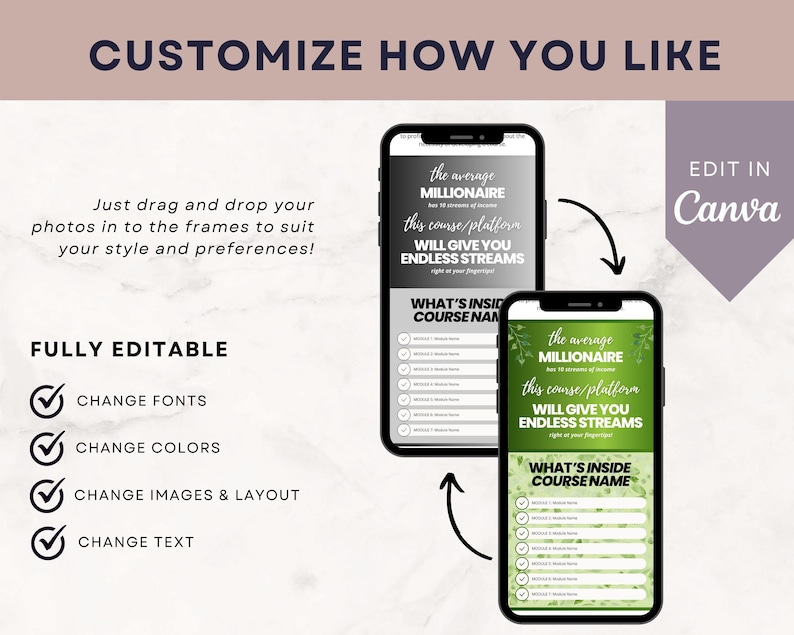 Puede incluir: Dos smartphones que muestran un esquema del curso, con el texto "the average MILLIONAIRE" y "WILL GIVE YOU ENDLESS STREAMS." La imagen tambi&eacute;n incluye el texto "CUSTOMIZE HOW YOU LIKE" y "EDIT IN Canva."