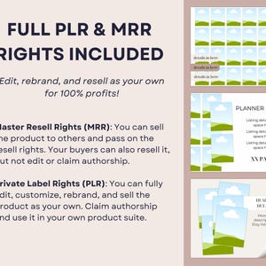 K&ouml;nnte beinhalten: Werbung f&uuml;r digitale Produkte mit dem Text &bdquo;FULL PLR & MRR RIGHTS INCLUDED&ldquo;. Das Bild zeigt Mockups eines Planer-Bundles und anderer digitaler Vorlagen. Der Text bewirbt die M&ouml;glichkeit, die Produkte zu bearbeiten, umzubenennen und mit 100 % Gewinn weiterzuverkaufen.