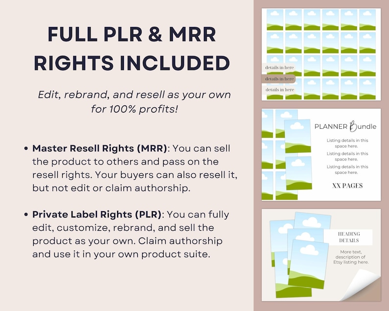 K&ouml;nnte beinhalten: Werbung f&uuml;r digitale Produkte mit dem Text &bdquo;FULL PLR & MRR RIGHTS INCLUDED&ldquo;. Das Bild zeigt Mockups eines Planer-Bundles und anderer digitaler Vorlagen. Der Text bewirbt die M&ouml;glichkeit, die Produkte zu bearbeiten, umzubenennen und mit 100 % Gewinn weiterzuverkaufen.
