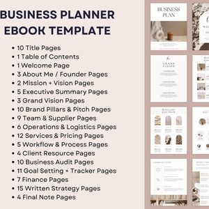 May include: A digital business planner ebook template with a minimalist design. The cover features the text "Business Planner Ebook Template." The pages include sections for title, table of contents, welcome, about me, mission, vision, and more. The color scheme is neutral with beige and white.