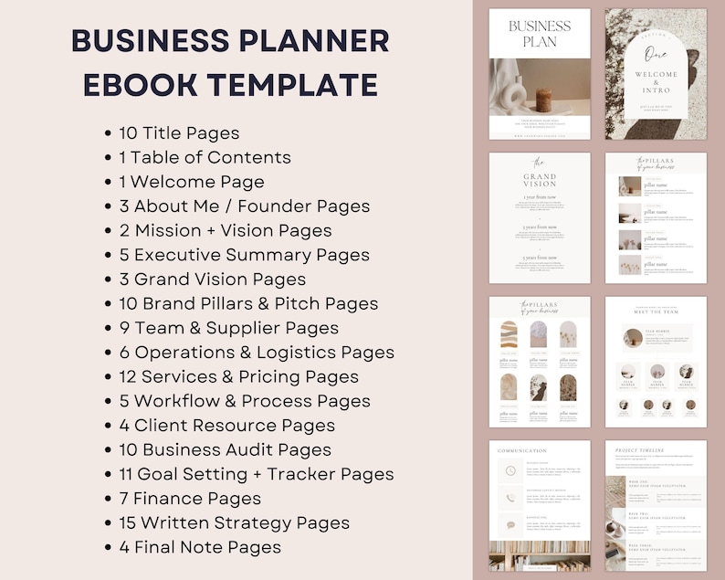 May include: A digital business planner ebook template with a minimalist design. The cover features the text "Business Planner Ebook Template." The pages include sections for title, table of contents, welcome, about me, mission, vision, and more. The color scheme is neutral with beige and white.