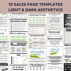 Puede incluir: Una plantilla de marketing digital que muestra 10 dise&ntilde;os de p&aacute;ginas de venta con est&eacute;tica clara y oscura. El dise&ntilde;o incluye secciones para testimonios, preguntas frecuentes y detalles del curso. El texto incluye frases como "Qu&eacute; nos hace especiales".
