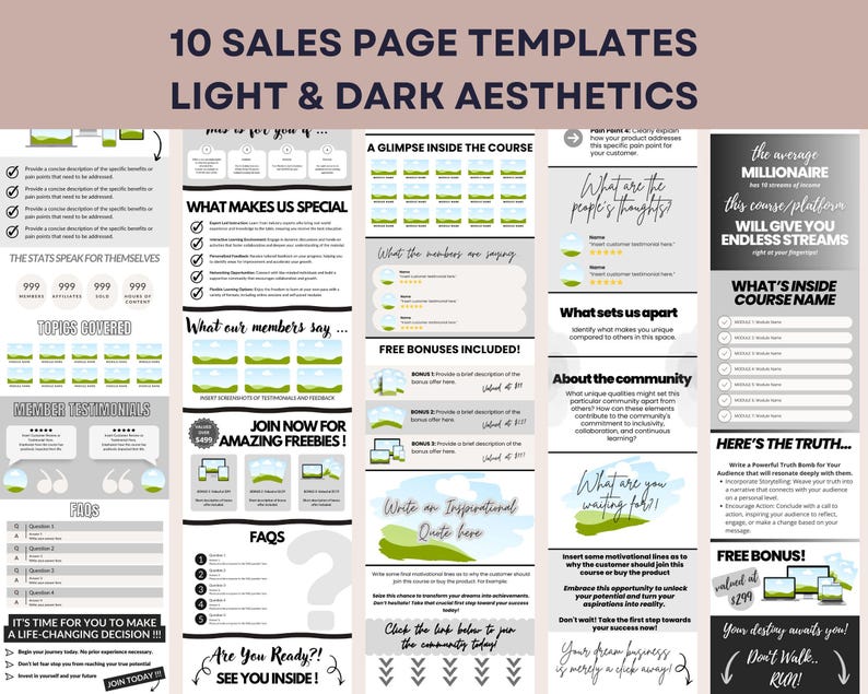 Puede incluir: Una plantilla de marketing digital que muestra 10 dise&ntilde;os de p&aacute;ginas de venta con est&eacute;tica clara y oscura. El dise&ntilde;o incluye secciones para testimonios, preguntas frecuentes y detalles del curso. El texto incluye frases como "Qu&eacute; nos hace especiales".