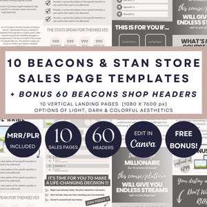 Puede incluir: Anuncio de plantillas digitales para p&aacute;ginas de venta y encabezados de tienda. La imagen muestra el texto "10 Beacons & Stan Store Sales Page Templates" y "Bonus 60 Beacons Shop Headers". Texto adicional detalla caracter&iacute;sticas y beneficios.