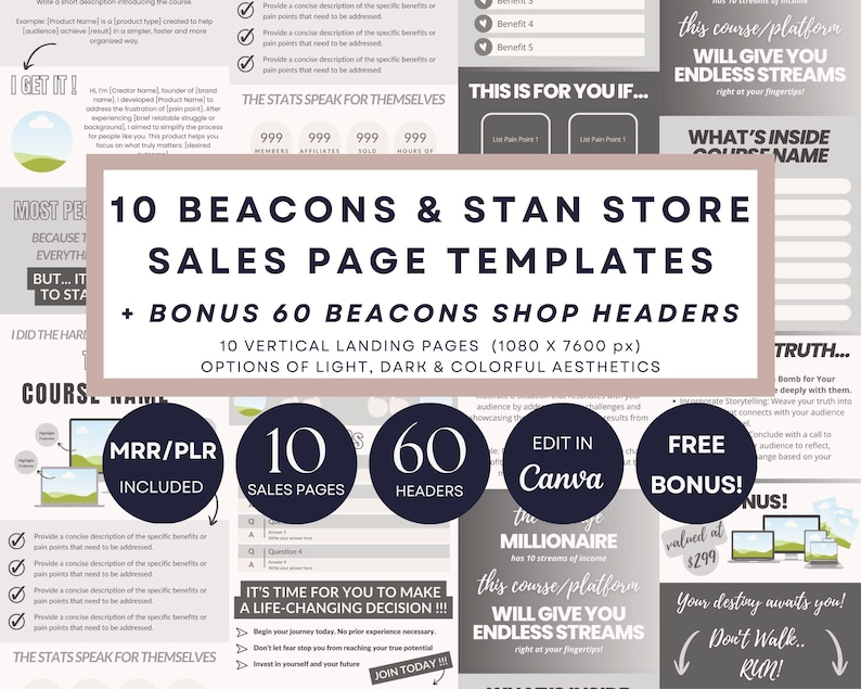 Puede incluir: Anuncio de plantillas digitales para p&aacute;ginas de venta y encabezados de tienda. La imagen muestra el texto "10 Beacons & Stan Store Sales Page Templates" y "Bonus 60 Beacons Shop Headers". Texto adicional detalla caracter&iacute;sticas y beneficios.