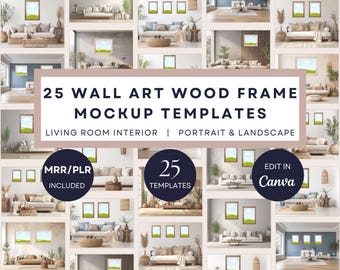 Pacote com 25 Mockups de Molduras | Modelo para Arte de Parede, Fotos de Pôsteres, Decoração de Interiores, Estilo Boho, Moldura de Madeira