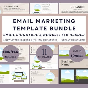 May include: An email marketing template bundle with 11 templates, including email signatures and newsletter headers. The design features a neutral color palette with landscape graphics and the text "Email Marketing Template Bundle".