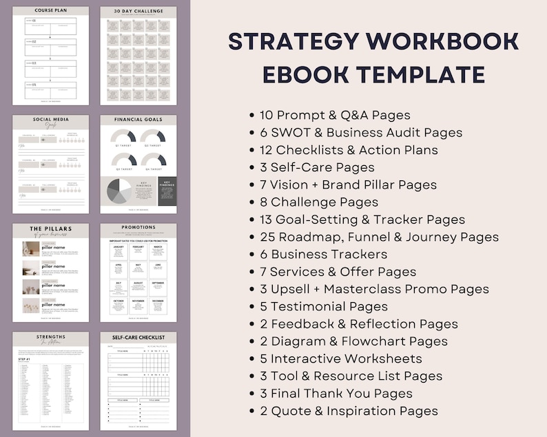 May include: A digital strategy workbook ebook template with various pages for planning and tracking goals. The pages include course plans, social media guides, financial goals, and self-care checklists. The ebook template includes 10 prompt and Q&A pages, 6 SWOT pages, and 12 checklists.