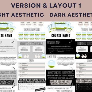 Puede incluir: Una plantilla de marketing digital con dos opciones de dise&ntilde;o, "Light Aesthetic" y "Dark Aesthetic". Cada dise&ntilde;o incluye secciones para el nombre del curso, temas cubiertos, testimonios, preguntas frecuentes y llamadas a la acci&oacute;n. El dise&ntilde;o utiliza una est&eacute;tica limpia y moderna.