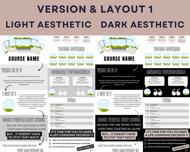 Puede incluir: Una plantilla de marketing digital con dos opciones de dise&ntilde;o, "Light Aesthetic" y "Dark Aesthetic". Cada dise&ntilde;o incluye secciones para el nombre del curso, temas cubiertos, testimonios, preguntas frecuentes y llamadas a la acci&oacute;n. El dise&ntilde;o utiliza una est&eacute;tica limpia y moderna.