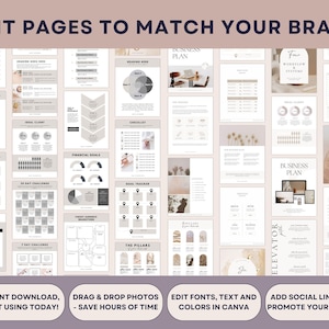 May include: A digital product mockup featuring various business plan templates. The templates include sections for a 5-step roadmap, financial goals, and checklists. The text on the image says "Edit pages to match your brand", "Instant download, start using today!", and "Drag & drop photos - save hours of time".