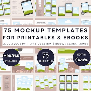 May include: A digital mockup template set for printables and ebooks. The image features 75 templates for various devices, including iPads, tablets, and phones. The design includes the text "75 Mockup Templates for Printables & Ebooks".