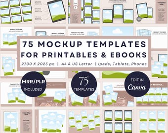 75 modelos de mockup do Canva para materiais impressos e eBooks | Pacote de produtos digitais para celular e tablet | Formatos A4, Carta e EUA (PLR)