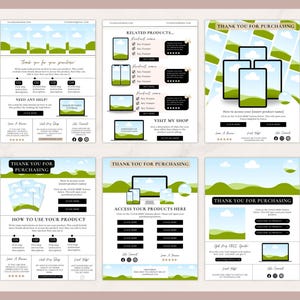 May include: Six digital marketing templates on a light brown background. Each template has a landscape design with a blue sky and green hills. Text includes "Thank you for your purchase" and "Related Products."