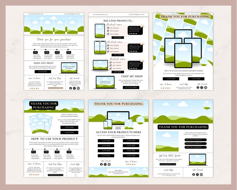 May include: Six digital marketing templates on a light brown background. Each template has a landscape design with a blue sky and green hills. Text includes "Thank you for your purchase" and "Related Products."