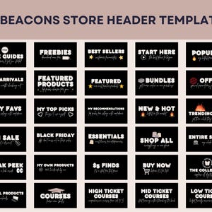Puede incluir: Un conjunto de 60 plantillas de encabezado de tienda con texto sobre fondos negros. Incluye frases como "Gu&iacute;as gratuitas", "M&aacute;s vendidos" y "Novedades". Adecuado para tiendas online.