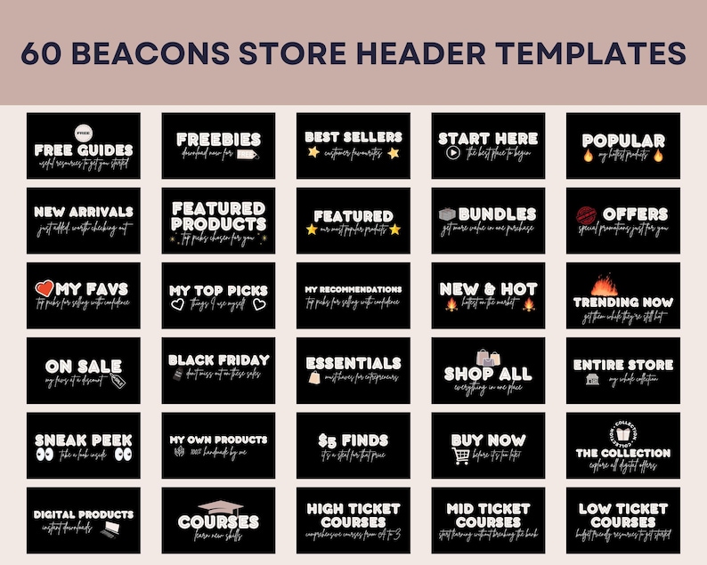 Puede incluir: Un conjunto de 60 plantillas de encabezado de tienda con texto sobre fondos negros. Incluye frases como "Gu&iacute;as gratuitas", "M&aacute;s vendidos" y "Novedades". Adecuado para tiendas online.