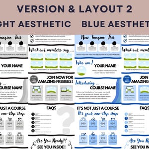 Puede incluir: Una plantilla de marketing digital con dos dise&ntilde;os, "Light Aesthetic" y "Blue Aesthetic". Cada dise&ntilde;o presenta secciones para testimonios, introducciones de cursos y preguntas frecuentes. El dise&ntilde;o incluye iconos y texto, con una llamada a la acci&oacute;n para regalos.