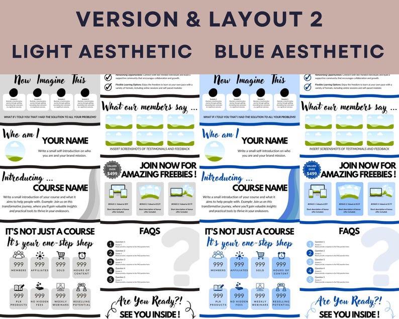 Puede incluir: Una plantilla de marketing digital con dos dise&ntilde;os, "Light Aesthetic" y "Blue Aesthetic". Cada dise&ntilde;o presenta secciones para testimonios, introducciones de cursos y preguntas frecuentes. El dise&ntilde;o incluye iconos y texto, con una llamada a la acci&oacute;n para regalos.