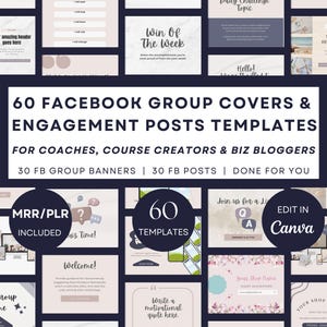 60+ Facebook Group Covers & FB Posts Canva, Face Book Banner Templates, fb Group Engagement Post, Social Media Prompt for Coaches Course PLR