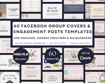 Mais de 60 capas e posts para grupos do Facebook no Canva, modelos de banners para Facebook, posts para engajamento em grupos do Facebook, sugestões de mídias sociais para cursos de coaching (PLR).