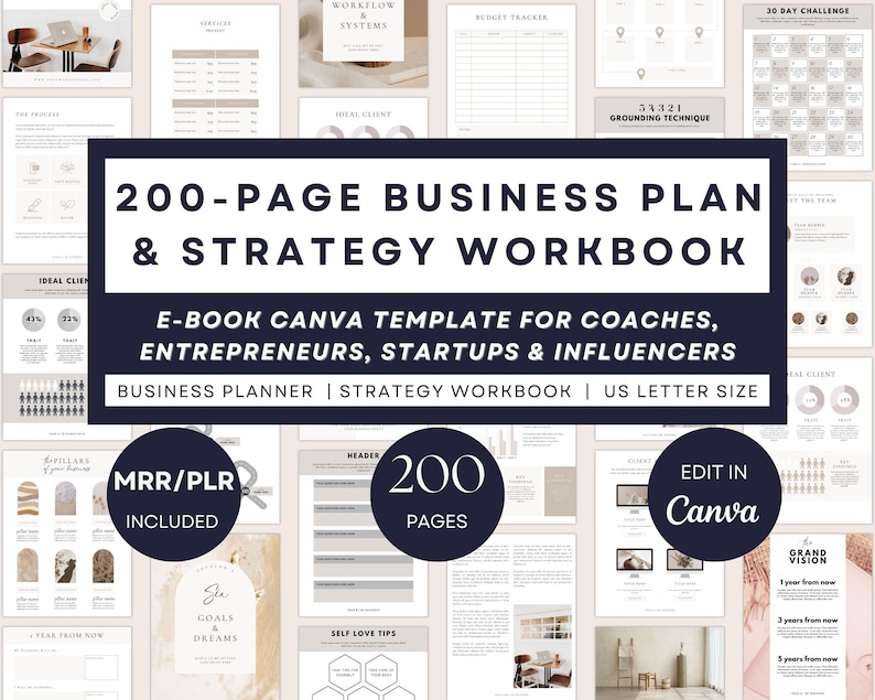 May include: A 200-page business plan and strategy workbook e-book Canva template for coaches, entrepreneurs, startups, and influencers. The design includes pages for business planning, strategy, and a 30-day challenge. The workbook is US letter size.