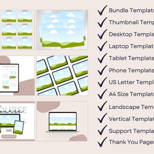 K&ouml;nnte beinhalten: Eine Sammlung digitaler Vorlagen f&uuml;r verschiedene Ger&auml;te und Formate. Das Bild zeigt Vorlagen f&uuml;r Bundles, Thumbnails, Desktops, Laptops, Tablets, Telefone, US Letter, A4-Gr&ouml;&szlig;e, Landschaft, Vertikal, Support und Dankesseiten. Die Vorlagen haben ein Landschaftsdesign.