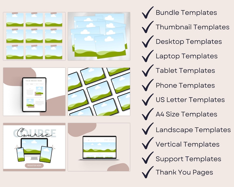 K&ouml;nnte beinhalten: Eine Sammlung digitaler Vorlagen f&uuml;r verschiedene Ger&auml;te und Formate. Das Bild zeigt Vorlagen f&uuml;r Bundles, Thumbnails, Desktops, Laptops, Tablets, Telefone, US Letter, A4-Gr&ouml;&szlig;e, Landschaft, Vertikal, Support und Dankesseiten. Die Vorlagen haben ein Landschaftsdesign.