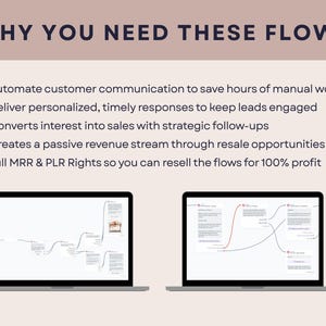 Puede incluir: Imagen con el texto &laquo;&nbsp;WHY YOU NEED THESE FLOWS&nbsp;&raquo; y vi&ntilde;etas que describen los beneficios de la comunicaci&oacute;n automatizada con el cliente. Dos port&aacute;tiles muestran diagramas de flujo. El fondo es de color beige claro.
