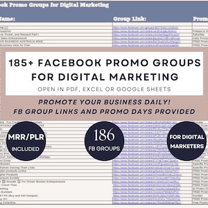 Op de afbeelding: Een gids voor digitale marketingbronnen met de titel "185+ Facebook Promotiegroepen voor digitale marketing". De gids bevat Facebook-groepsnamen, links en promotiedagen. Beschikbaar in PDF, Excel of Google Sheets.