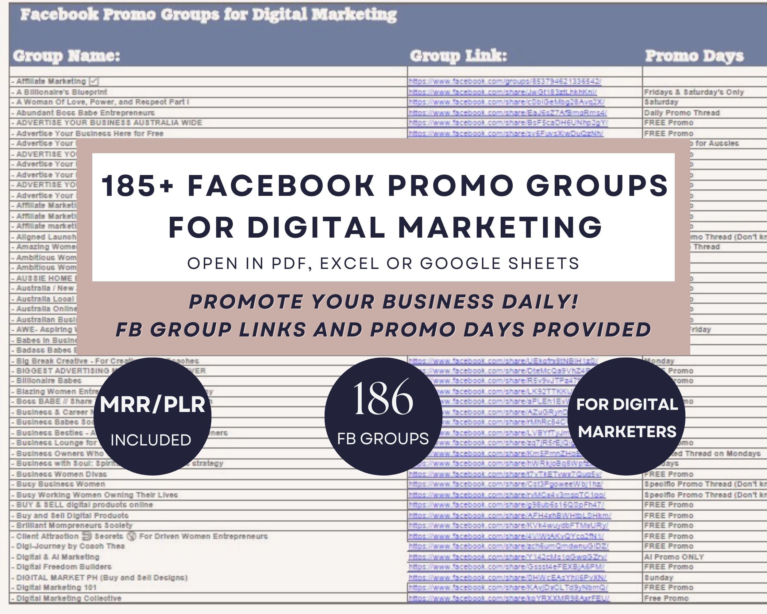 185+ Facebook Promo Groups for Digital Marketing, Free Promotion Days, Promote Your Business, Marketers, Coaches, Creators, Digital Products