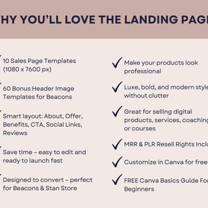 Puede incluir: Gr&aacute;fico beige con el t&iacute;tulo "POR QU&Eacute; TE ENCANTAR&Aacute;N LAS P&Aacute;GINAS DE DESTINO". El texto enumera caracter&iacute;sticas como plantillas de p&aacute;ginas de venta, plantillas de im&aacute;genes de encabezado, dise&ntilde;os inteligentes y personalizaci&oacute;n de Canva. Incluye una gu&iacute;a b&aacute;sica de Canva gratuita.